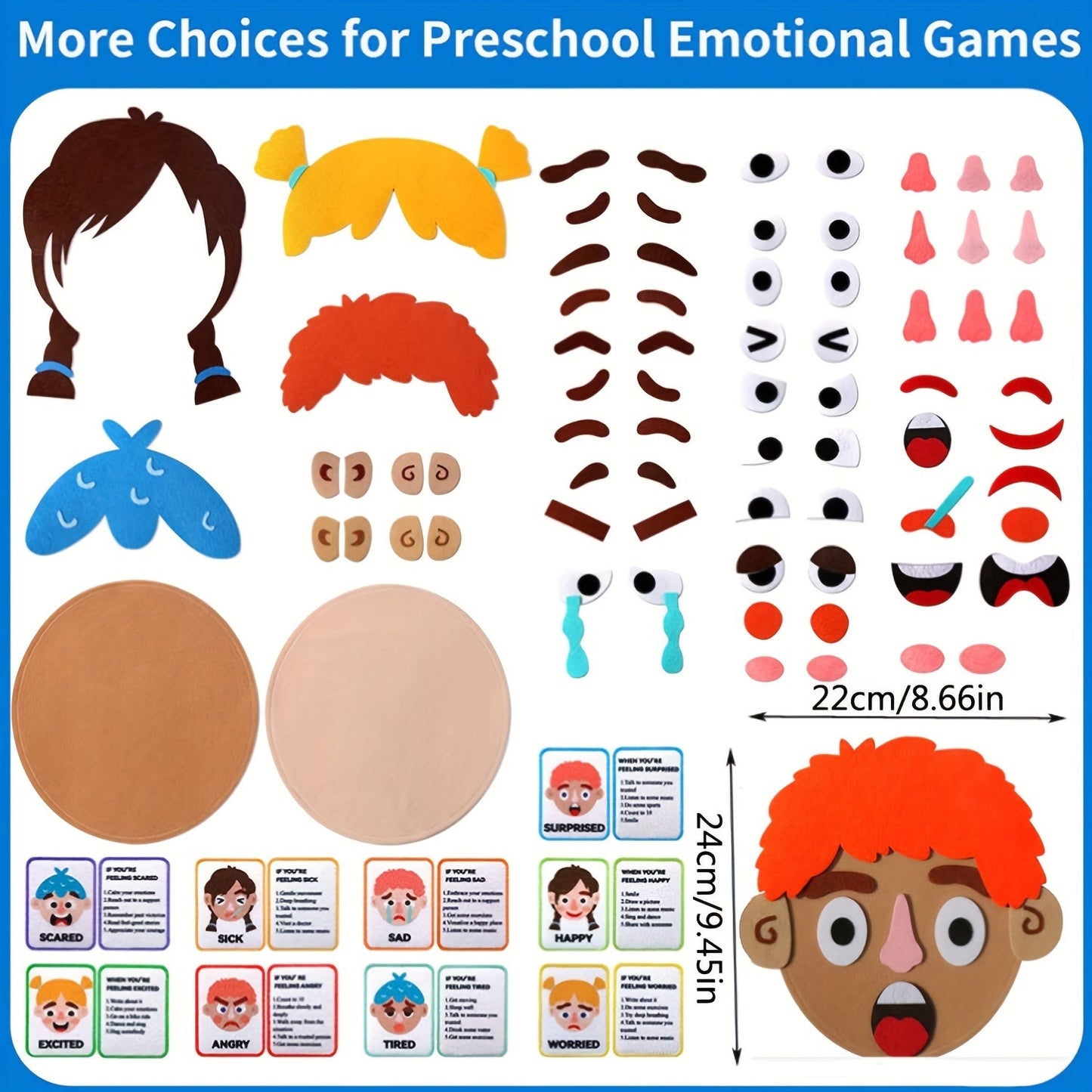 Craftstory offers a set of 86 social emotional learning activities for kids, including 2 face boards and 9 emotion cards for playing Making Faces games. These preschool learning activities also double as sensory autism therapy toys.