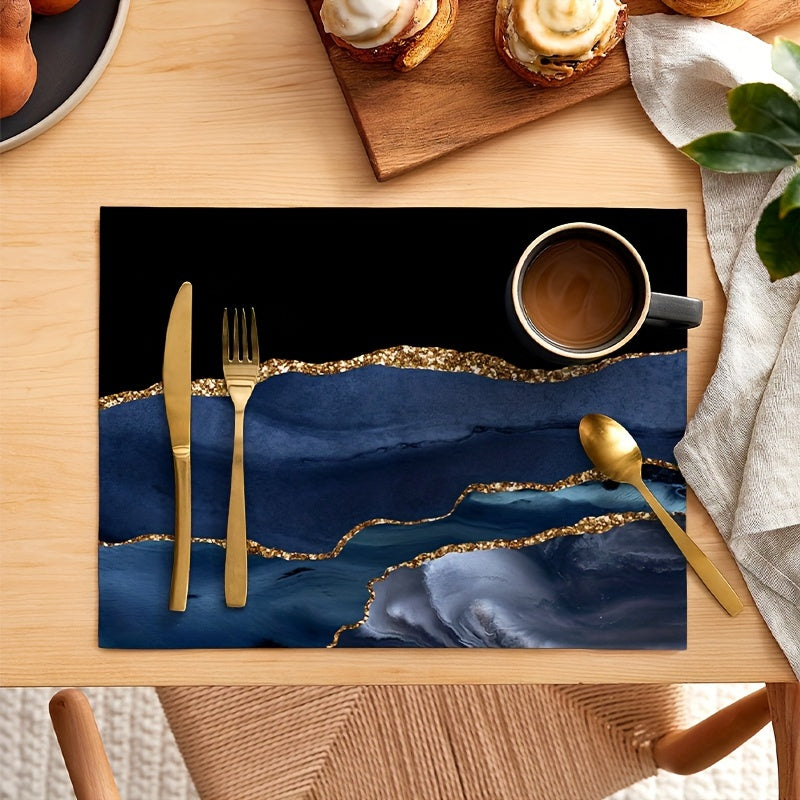 4 abstract art printed placemats with heat insulation, waterproof polyester material, perfect for dining table decor.