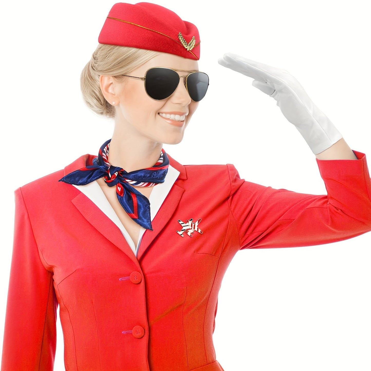 Set of 7 Women's Flight Attendant Costume Accessories - Stewardess Outfits with Flight Hat, Glasses, Scarf, Gloves, and Elegant Special Touches