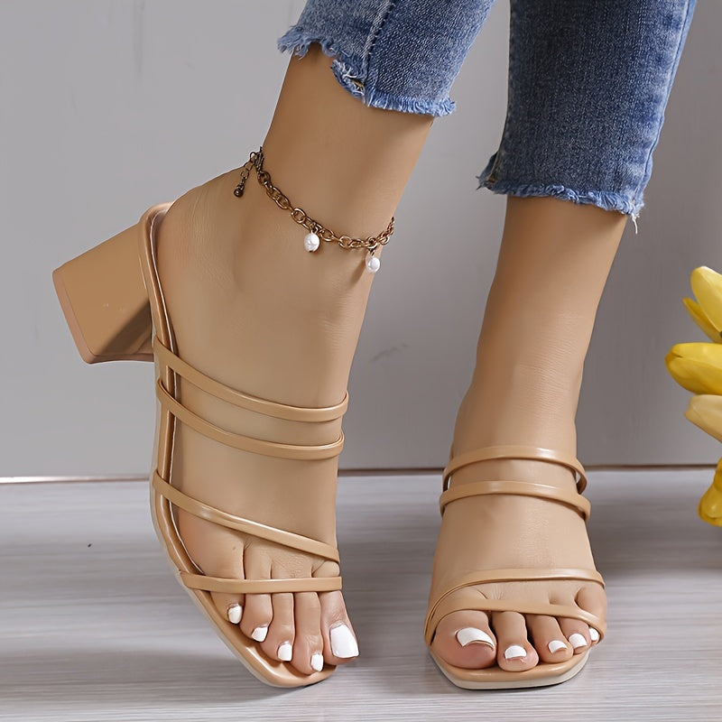 Chunky heel sandals with square toe and slip-on design for women, perfect for casual summer wear.