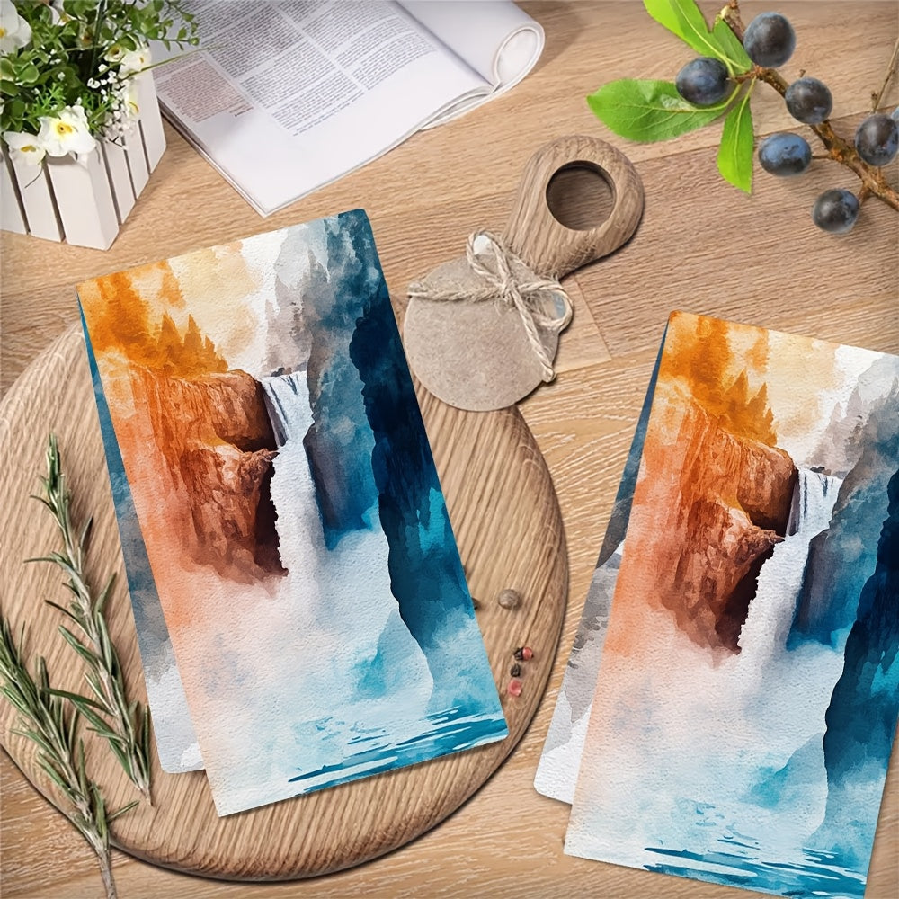 Set of 2 Ultra Soft Kitchen Towels featuring a Vibrant Design of Lower Falls at Yellowstone National Park. These Highly Absorbent and Machine Washable Dish Hand Towels measure 40.64x60.96 cm - Perfect for Holiday Decor and Everyday use in the kitchen.