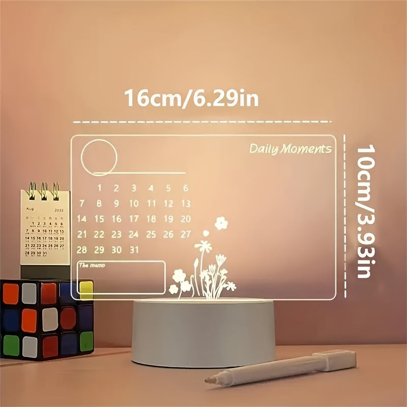 3D Handwritten Night Light with Calendar DIY Writing Board and White Base. Includes stylus for creativity and transparent luminous acrylic message board. LED Table Lamp and creative desktop night light, perfect for giving as a gift.