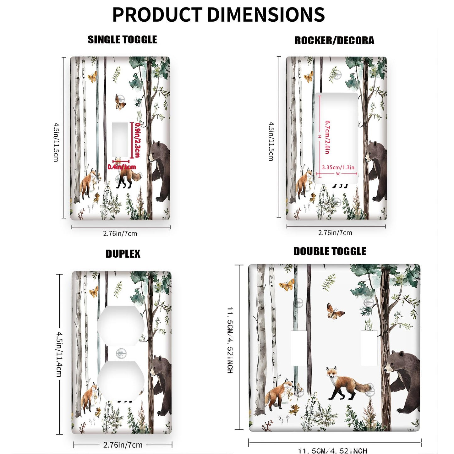 Forest wildlife animal themed light switch cover, featuring moose, deer, fox, and bear. No battery needed. Perfect for home decor in bedrooms, kitchens, and rooms. Available in 1-gang or 2-gang sizes.