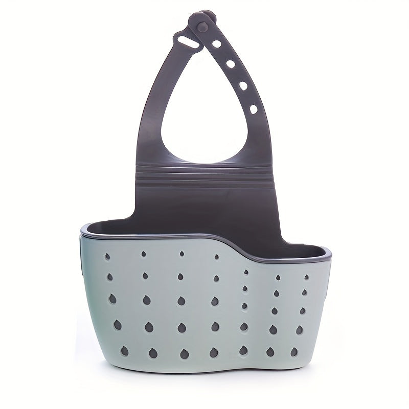 1 hanging basket with sink sponge rack and organizer, silicone storage box, adjustable shoulder strap for drainage, perfect for kitchen sink absorption, bathroom faucet hanging basket storage, and organizing kitchen supplies.