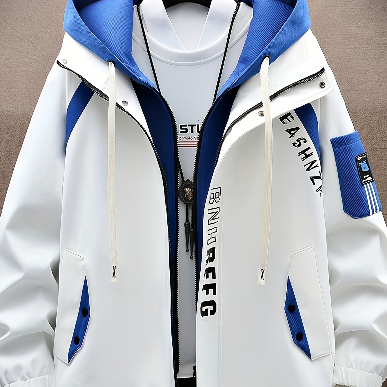 Men's preppy style hooded jacket with zipper closure, polyester college letter pattern, long sleeve, woven shoulder fit, regular fit, regular length - trendy unisex lightweight outerwear.