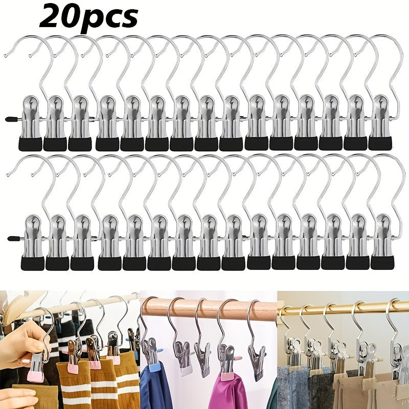 Set of 20 Stainless Steel Multi-Use Clips with Hooks - Versatile Hangers for Laundry, Pants, Hats & Skirts - Swiveling Storage Organizer