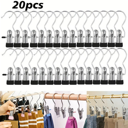 Set of 20 Stainless Steel Multi-Use Clips with Hooks - Versatile Hangers for Laundry, Pants, Hats & Skirts - Swiveling Storage Organizer