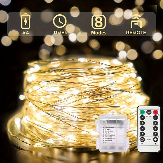 1pc YEYAYU Fairy String Lights with 50/100/200 LEDs, battery operated with remote control. Features multi-color and warm white lights, suitable for various occasions such as Christmas, New Year, Valentine's, Wedding, and Ramadan décor. Made of metal and