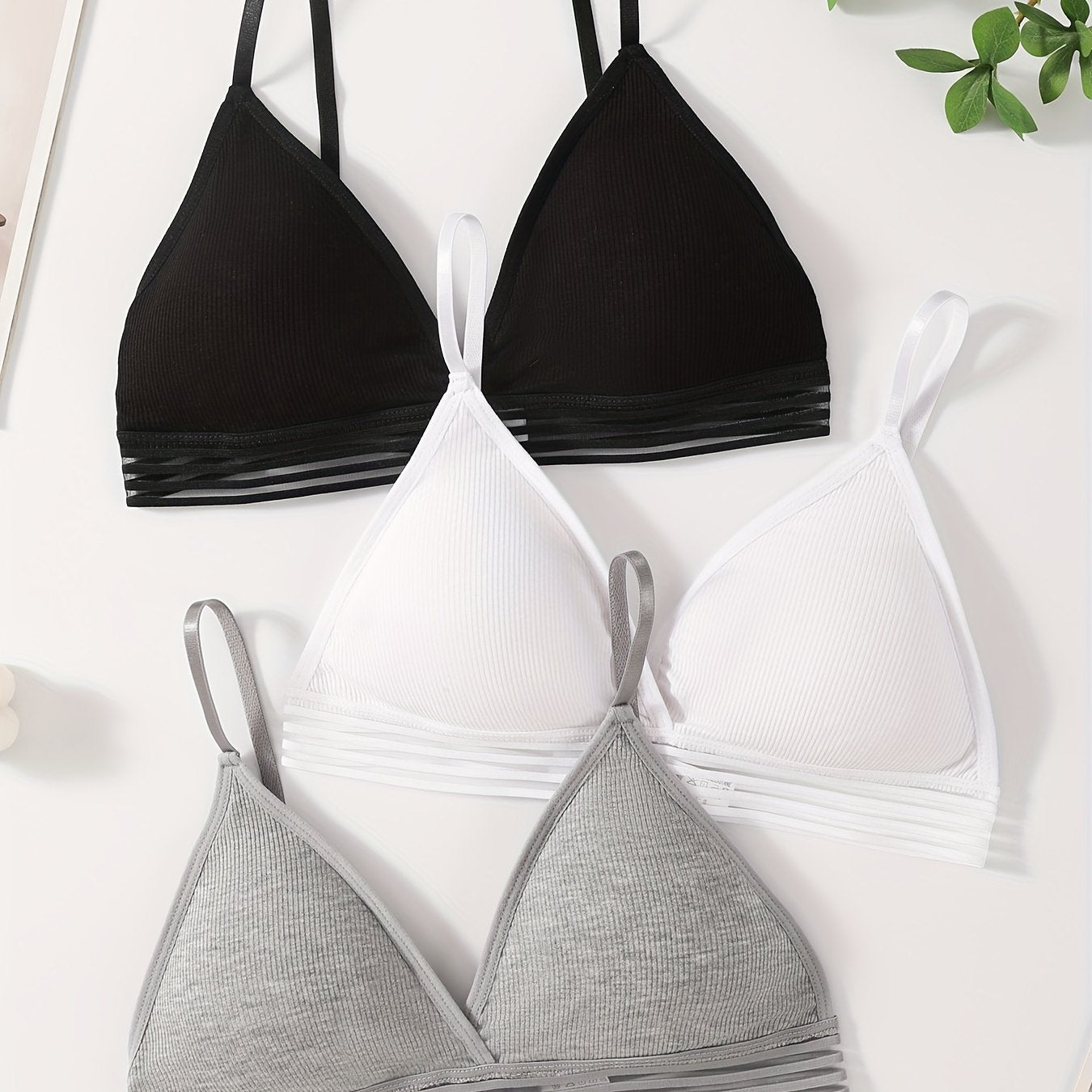 3 Women's Wireless Ribbed Bras - Comfortable & Breathable, Striped V-Neck with Removable Pads, Elastane & Polyamide Blend, Hand Washable - Black, White, Gray.