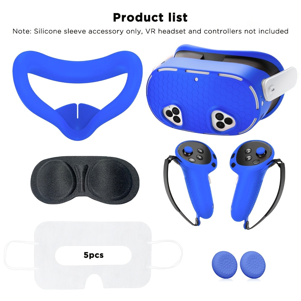 Silicone cover set for Meta Quest 3S, including face cover, controller grips, headset cover, and lens protective cover. Oculus Quest 3S accessories only (VR headset and controllers not