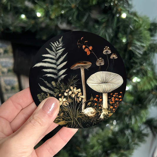 Set of 6 mushroom forest art design coasters, 2D printed on wooden mats with cork backing. Perfect for home, bar, or restaurant decor. Great for holiday themes such as Christmas, Easter, Hanukkah, Thanksgiving, and St. Patrick's Day.