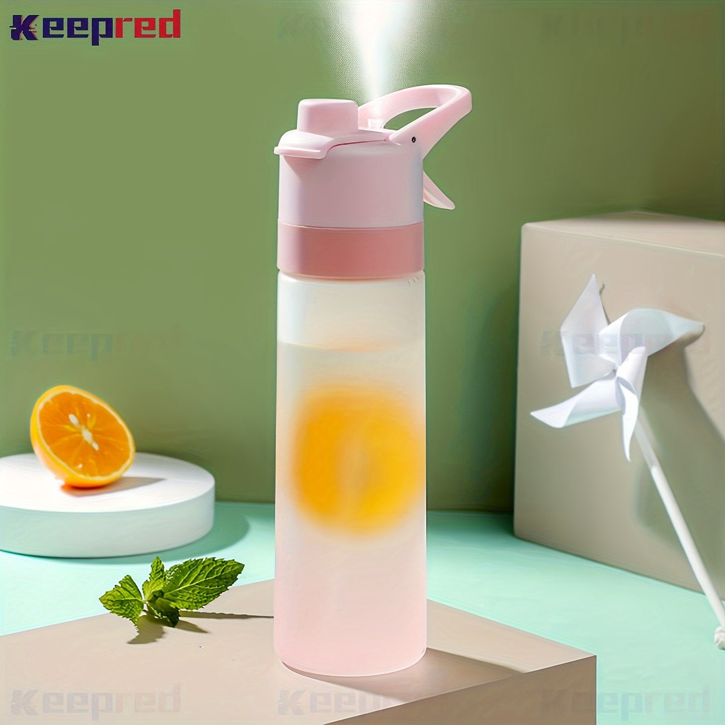 Gradient frosted plastic water bottle with spray mist, straw, and leakproof design.