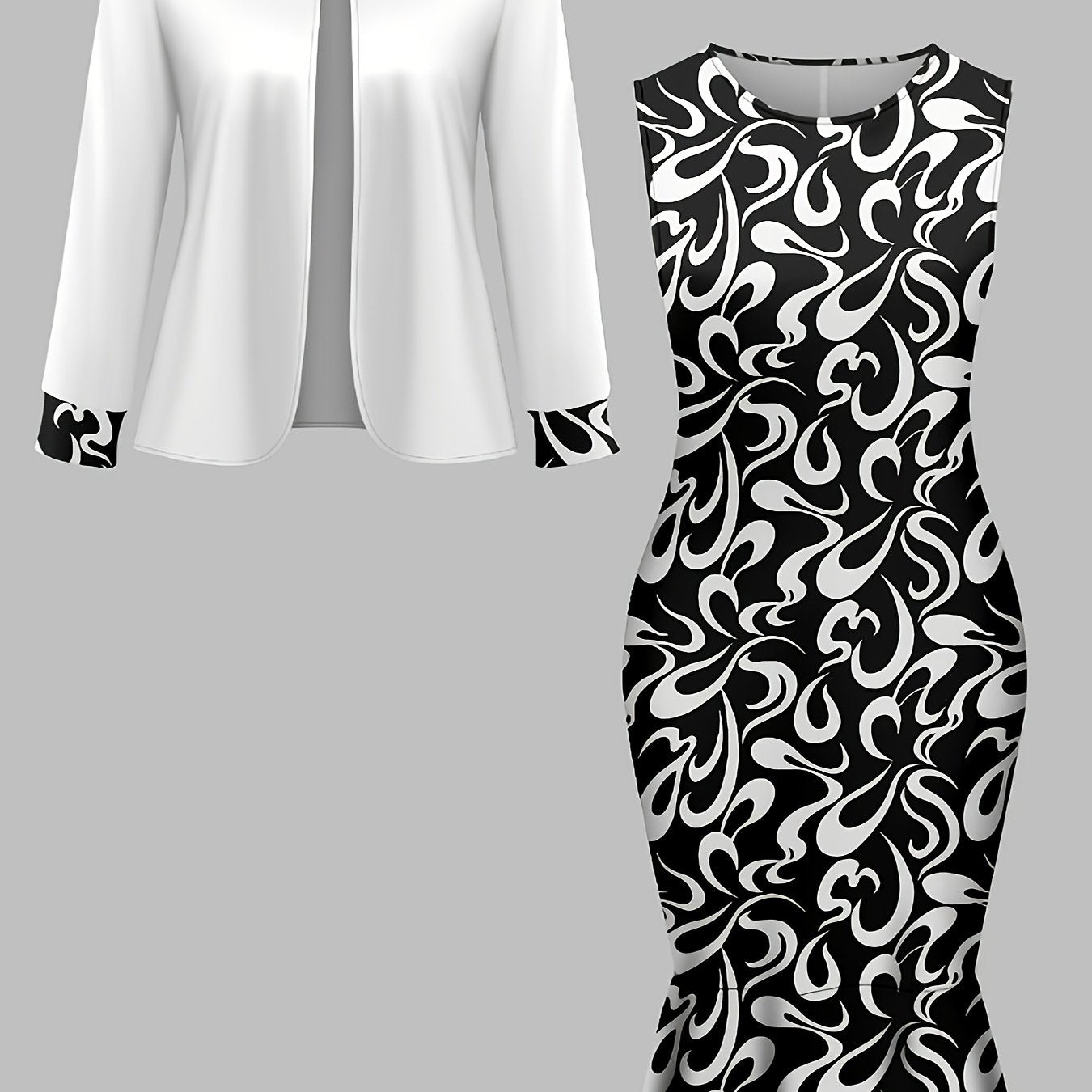 Chic white coat and black paisley print sleeveless dress set for plus-size women. Made from stretchy polyester blend, machine washable.