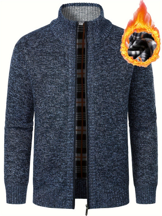 Men's casual knit sweater with stand collar, zip-up cardigan, made of 100% polyester. Features slight stretch, solid color, long sleeves, and regular fit for fall/winter.