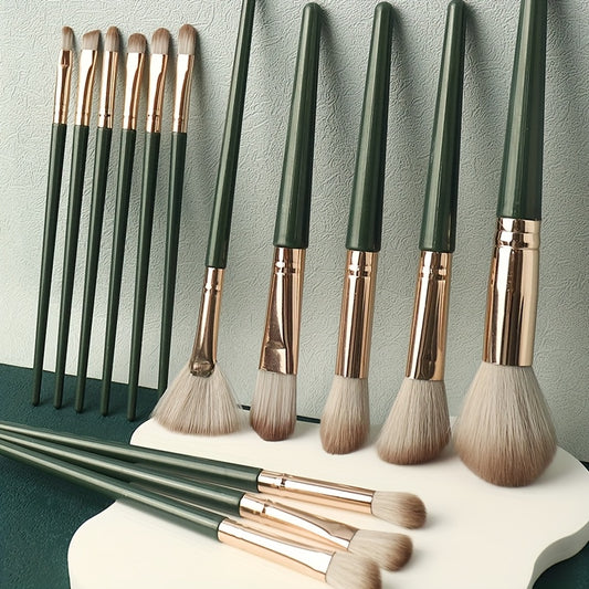 14-piece luxurious green brush set for full face and eye detailing, perfect for foundation, contouring, and blending.