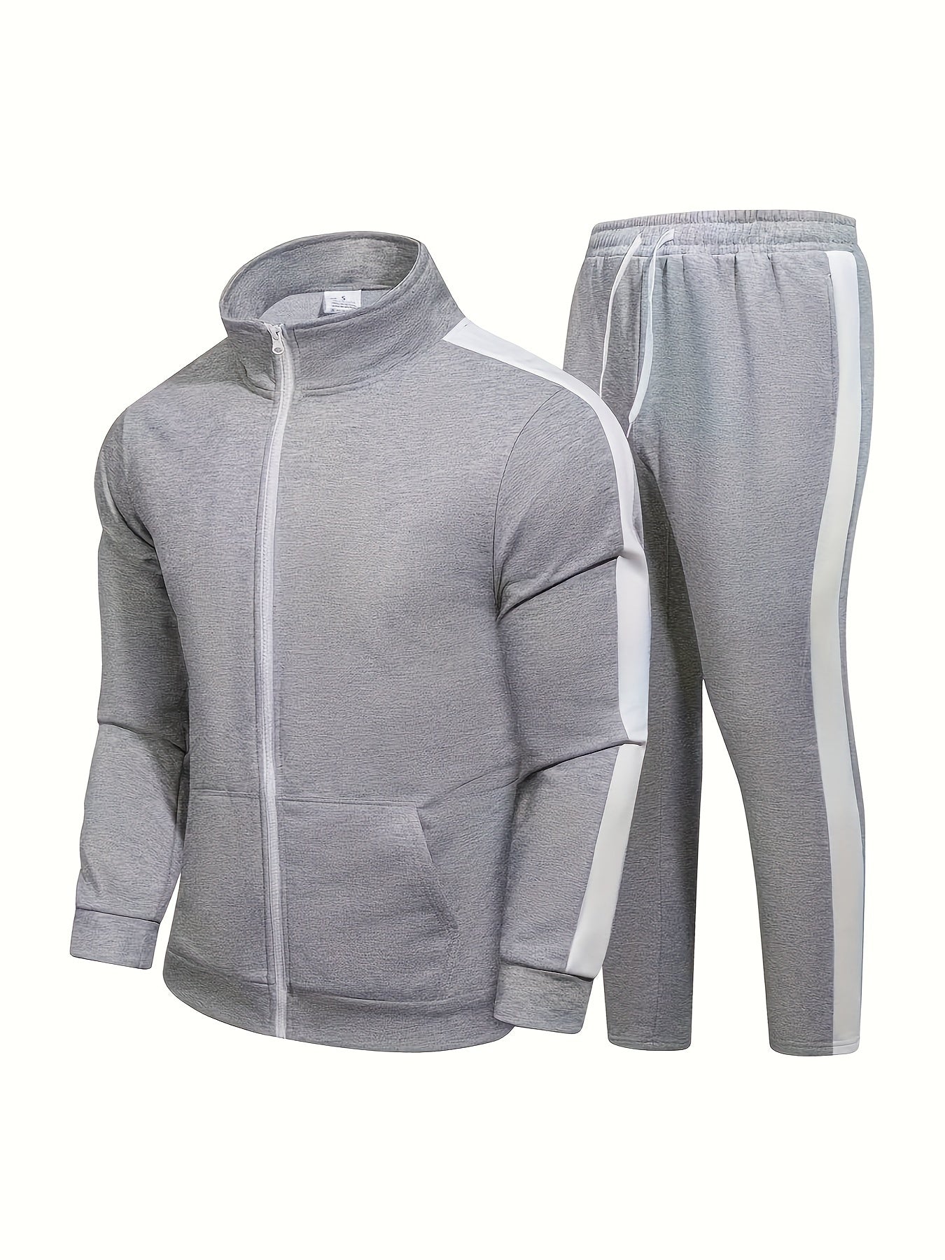 Men's Casual 2-Piece Color Block Outfit: Full Zip Jacket & Drawstring Pants, Breathable Sports Set