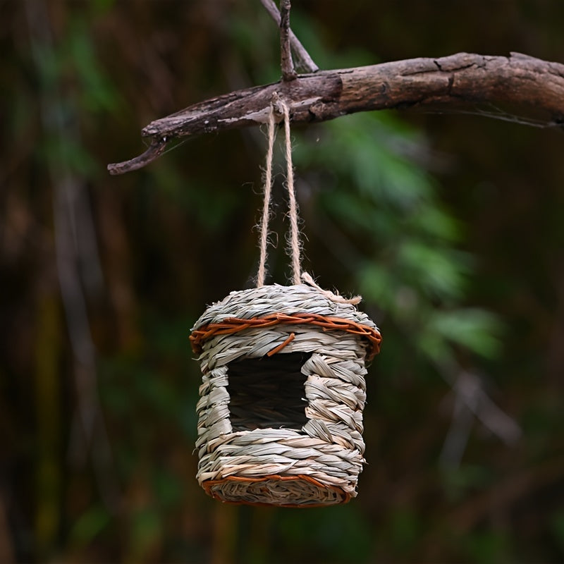 Handmade straw birdhouse for garden decor, attracts various bird species incl. toucans.