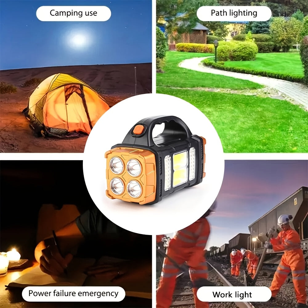 Portable lantern with emergency lighting for camping and fishing, can be recharged with solar or USB.