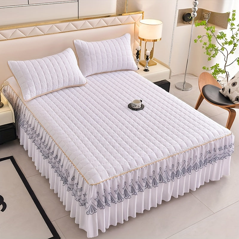 Luxury bedding set includes quilted edge bed skirt, 2 pillowcases, mattress protector, bed sheet, and duvet cover. Skin-friendly, breathable, and easy to maintain. Suitable for various