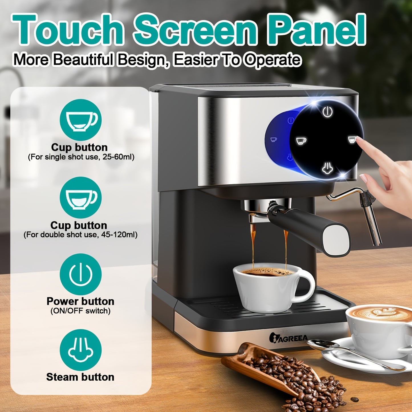 IAGREEA Italian espresso machine, 20Bar, 1.5L/50oz water tank, digital touch screen, versatile for various coffee drinks, ideal for home brewing and office use. 1050W, suitable for Winter.