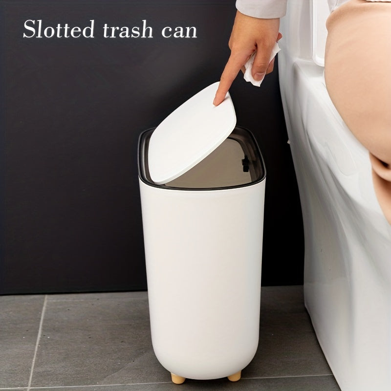 Slim plastic trash can with lid for small spaces, ideal for bedrooms, bathrooms, and living rooms.