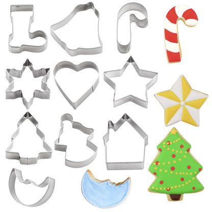 This set of stainless steel cookie cutters and molds has a festive Christmas theme and includes 10 shapes: bell, snowflake, Christmas stocking, crutch, Christmas tree, heart, star, house, moon, and angel.