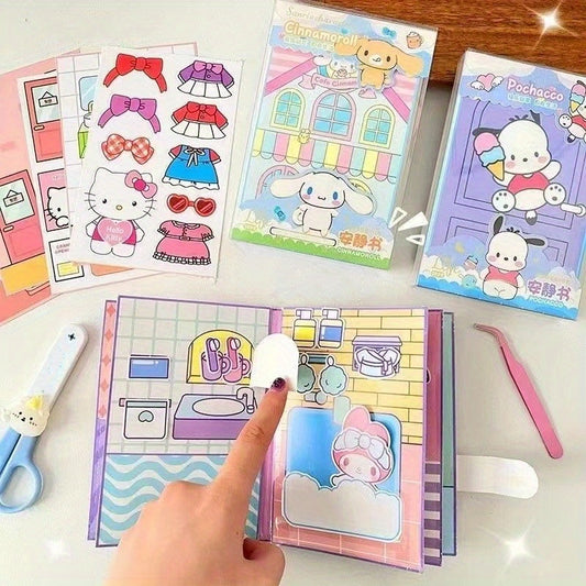 Sanrio 3D Bubble Sticker Book for DIY Crafts featuring characters like Hello Kitty, Kuromi, My Melody, Cinnamoroll, and Pochacco. Made of single-use glossy paper, this handmade decoration