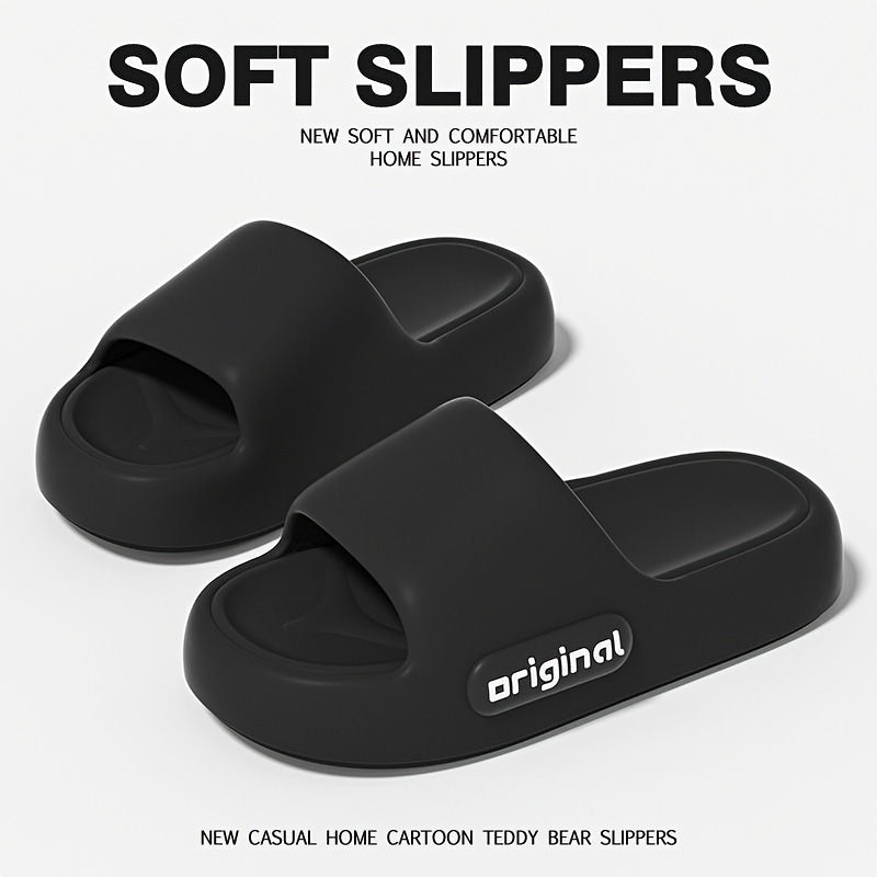 Stylish solid color slippers with soft soles, ideal for indoor use. Made with EVA material that's easy to clean in the machine.