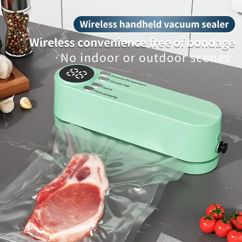 Wireless Semi-Automatic Polycarbonate Vacuum Sealer Machine with LCD Display, USB Rechargeable 1200mAh Battery, 10W Power, Adjustable Sealing Speeds. Ideal for Food Preservation and Snack Sealing. Features External Suction and Inflation Functions.