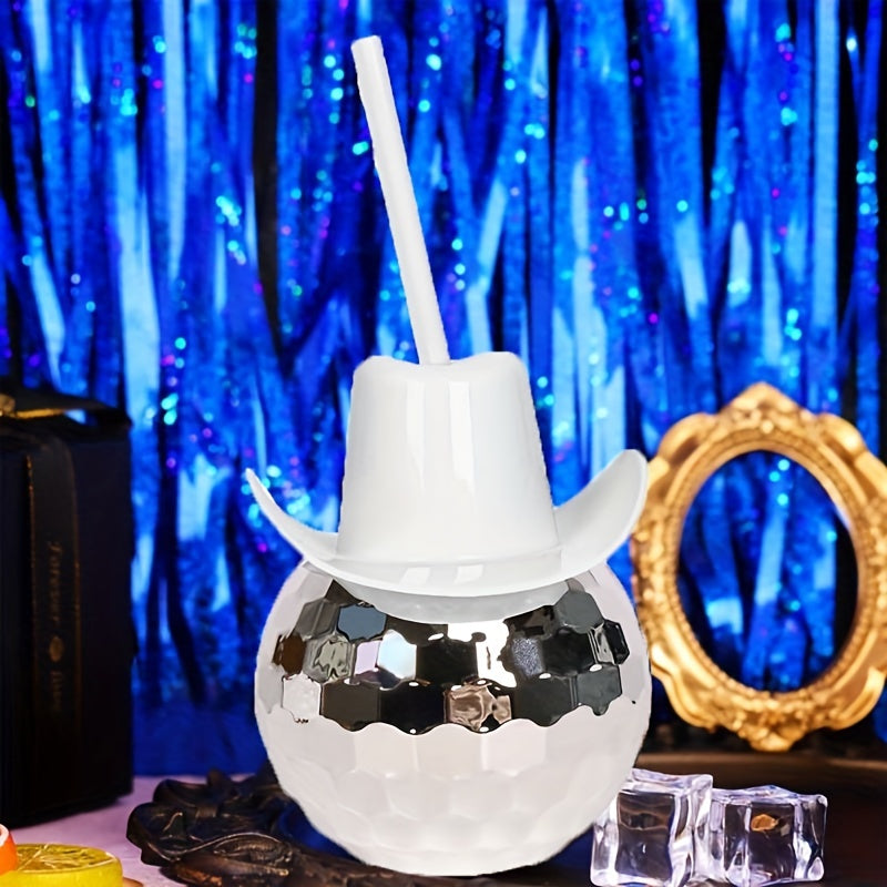 600ml Pink Cowboy Hat Disco Ball Tumbler with Straw - Shiny Electroplated Plastic Cup for Parties & Celebrations