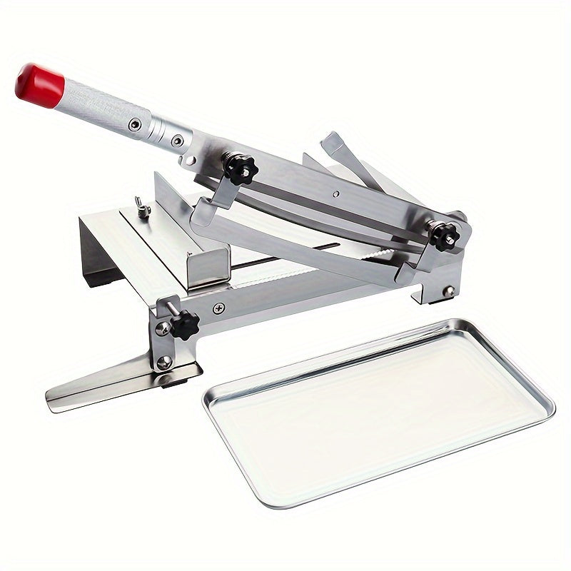 Manual mandoline slicer made of stainless steel - versatile hand protection device for cutting bones with adjustable thickness, featuring a sharp rectangular blade for slicing meat and vegetables.