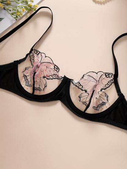 Sophisticated butterfly lingerie set with sheer mesh and embroidered details, includes underwire bra and thong in breathable fabric, hand washable.