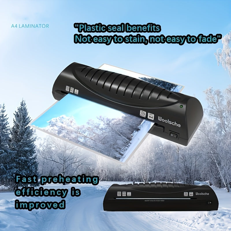 Woolsche A4 Laminator seals photos and documents quickly, ideal for home and small business use. It has a sleek black design and is easy to operate.