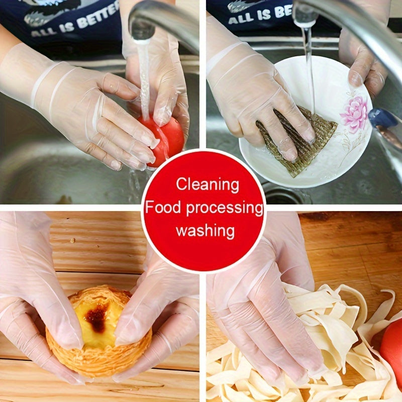 100 pieces of TPE Disposable Cleaning Gloves, free from latex, providing comfort and resistance to oil. Suitable for multiple uses, safe for the environment, ideal for tasks in the kitchen, bathroom, living room, patio, and outdoor areas.