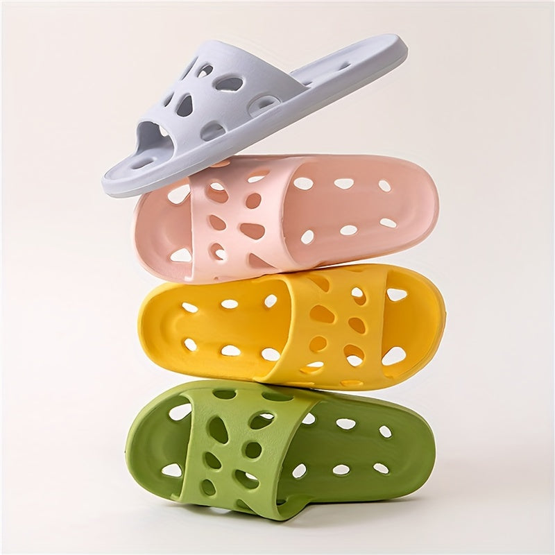 1 Pair of EVA Slippers with Solid Color Hollow-Out Design, Non-Slip Sole, Drainage Holes, and Soft Shower Slides.