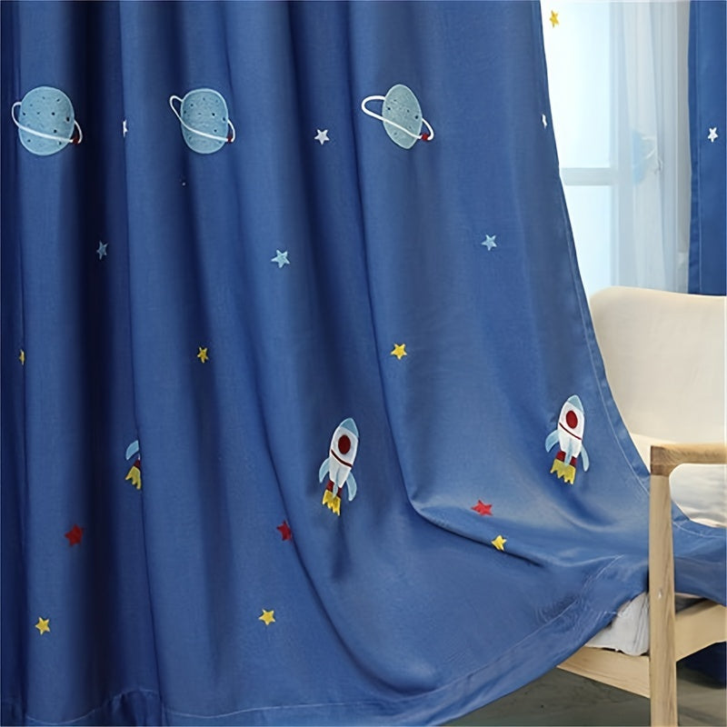 Нavy blue faux linen curtain with cartoon embroidery, paired with a white outer space cartoon tulle sheer curtain for bedroom window treatment.