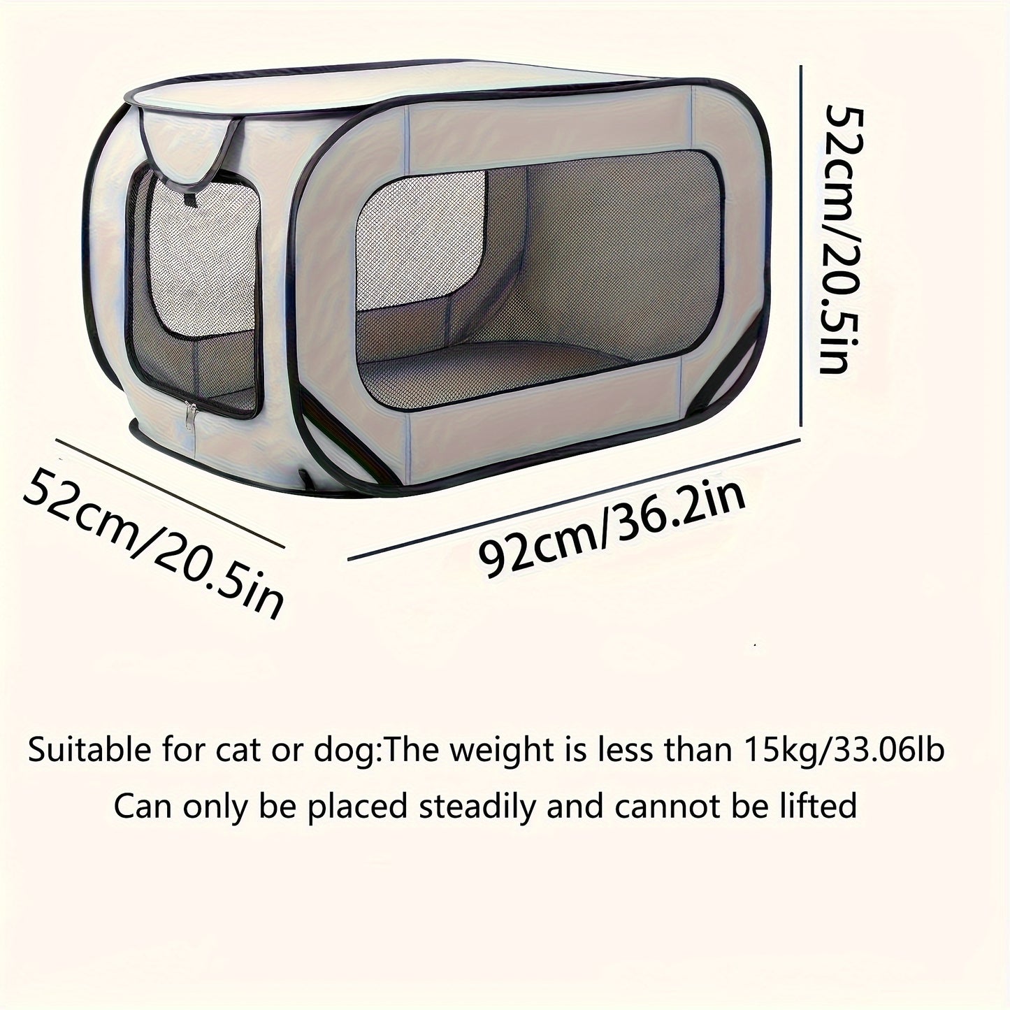 Portable cat cage with lockable zipper, foldable for travel, indoor/outdoor use, and easy storage.