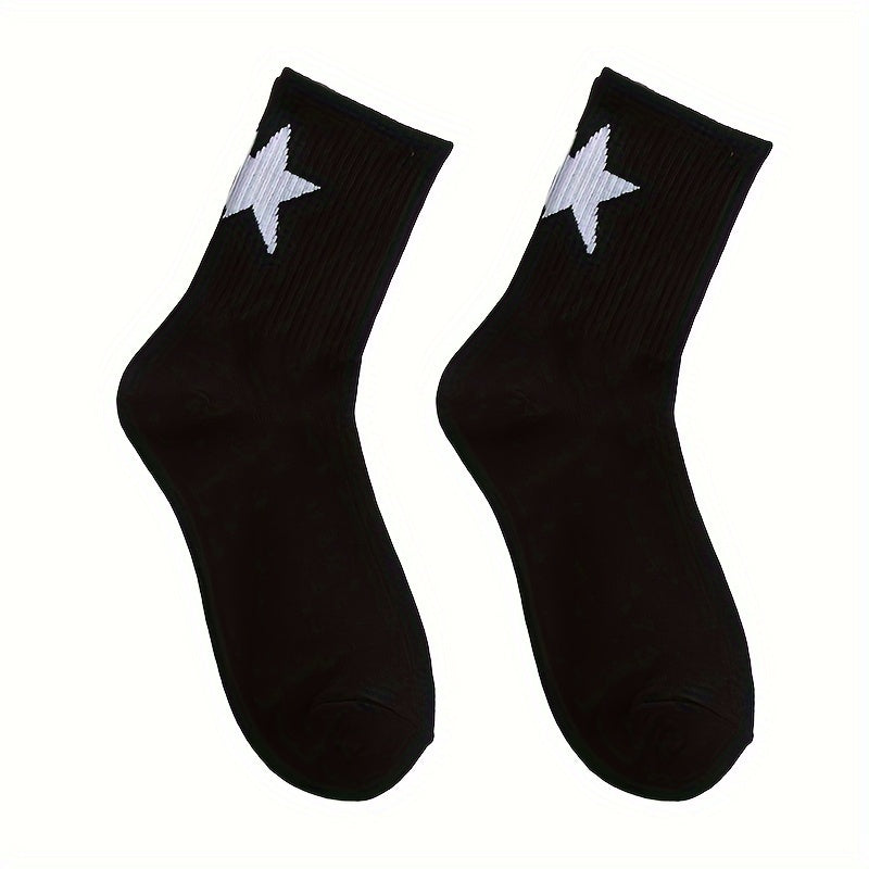 2/3 Pairs of Star Pattern Crew Socks for Men and Women - Breathable Polyester-Spandex Blend, Mid-Calf Basketball Socks with Geometric Design, Black & White, Cute Summer Socks