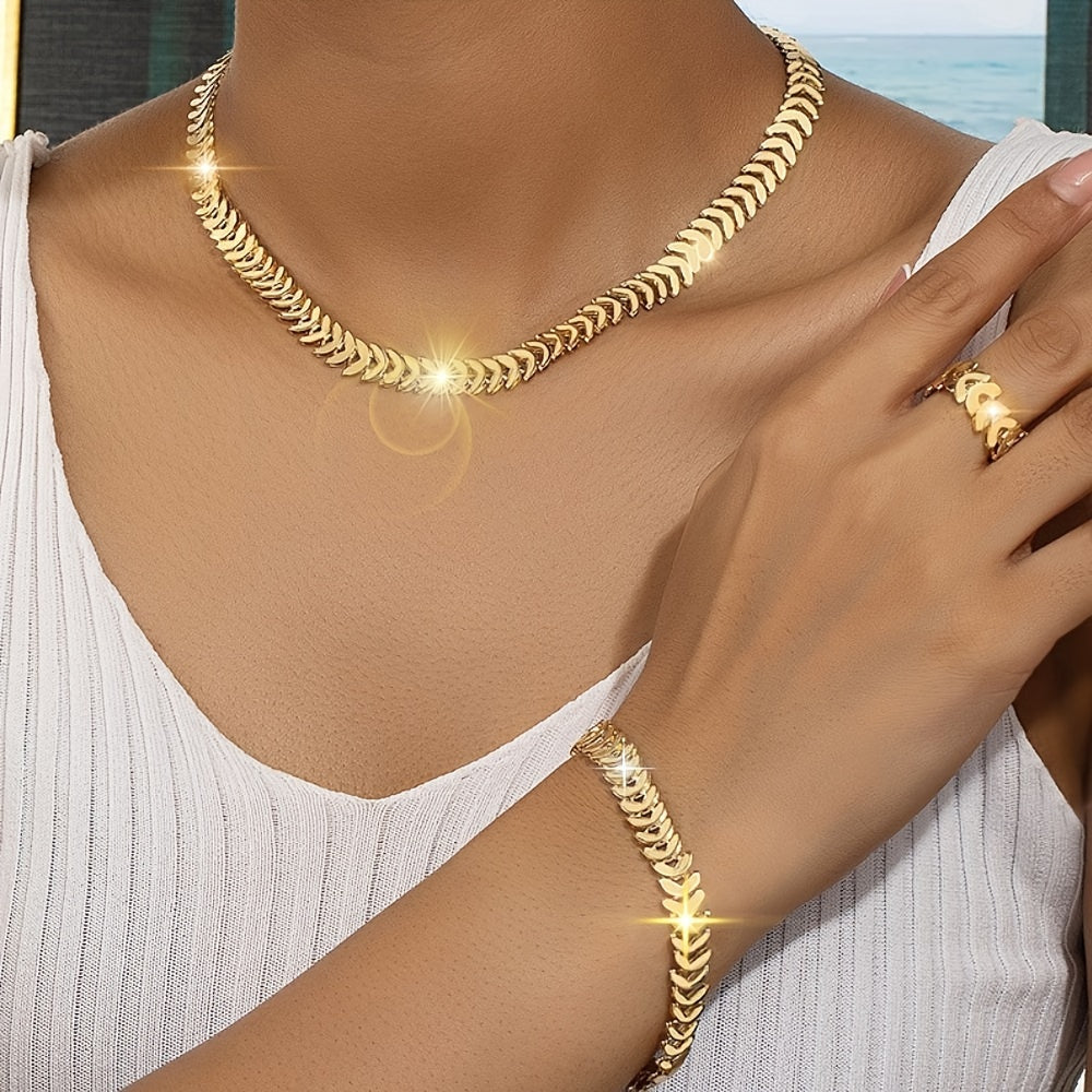 Hip-Hop-inspired jewelry set for women includes a necklace, bracelet, and ring. Perfect for casual attire or gifting in the spring and summer. 3 pieces in total.