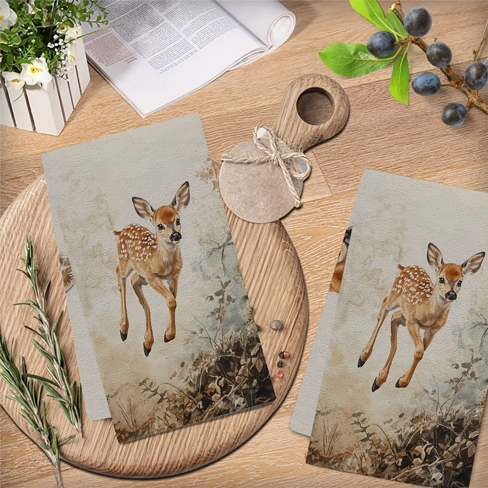 This set includes 2 ultra-soft kitchen towels showcasing a young fawn joyfully exploring its surroundings. These highly absorbent dish towels are ideal for holiday decor, can be easily washed in a machine, and measure 40.64X60.96 cm.