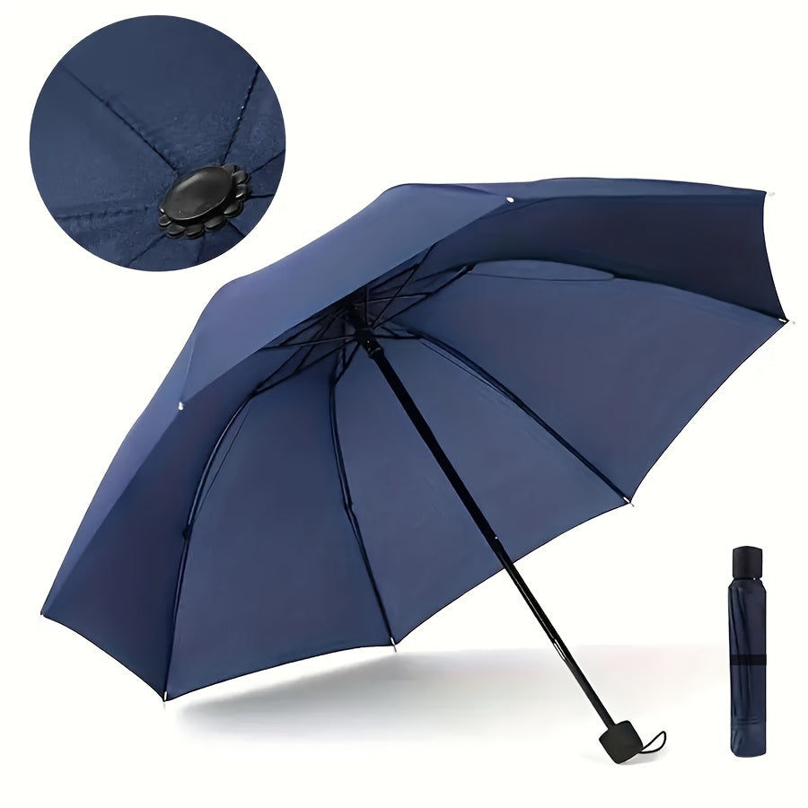 8-rib windproof sun umbrella with iron frame, thickened 190T Pongee fabric, manual foldable, basic style, UV protection, black with plastic handle.