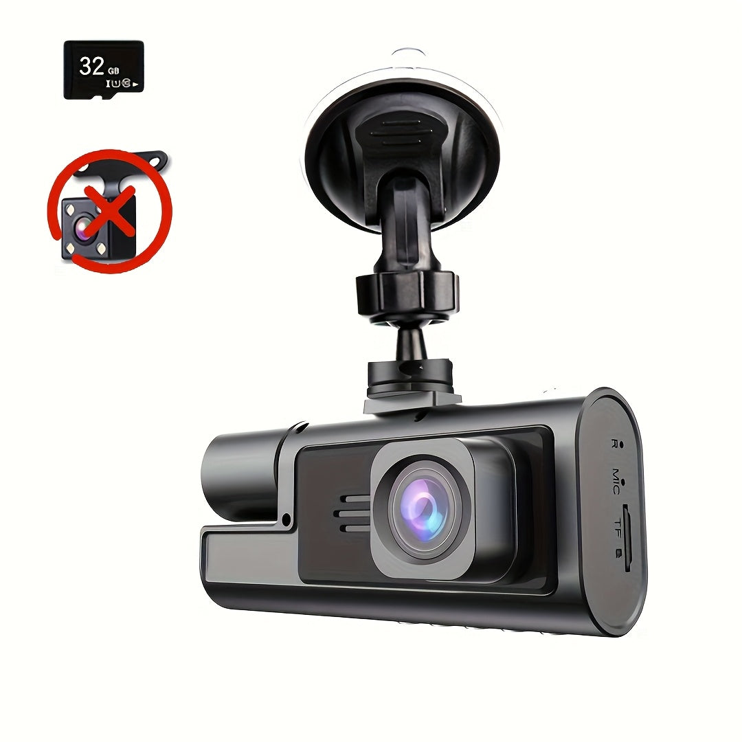 GYIOEUPT Triple Camera Front Lens with 1080P, built-in lens with 480P, and rear lens with 480P HD tachograph. Features include infrared night vision, cycle recording, 5.08 cm IPS screen