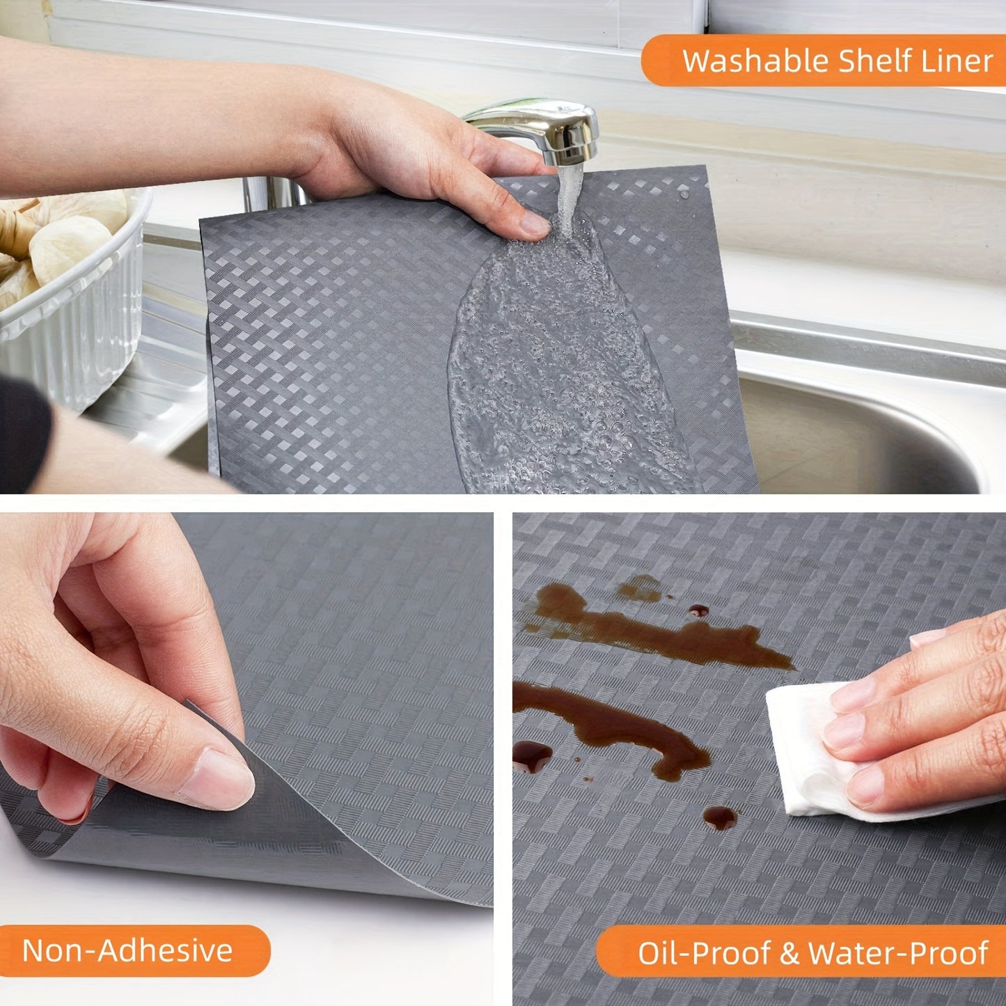 Non-slip, washable liner for cabinets, shelves, refrigerator, locker, desk, drawers. Made of EVA material for a non-sticky surface. Perfect for kitchen cabinets and household furniture.