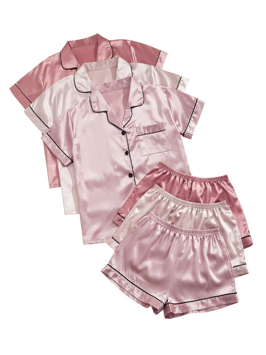 Women's Satin Pajama Set includes short-sleeve top and elastic waistband shorts for sleepwear and loungewear.