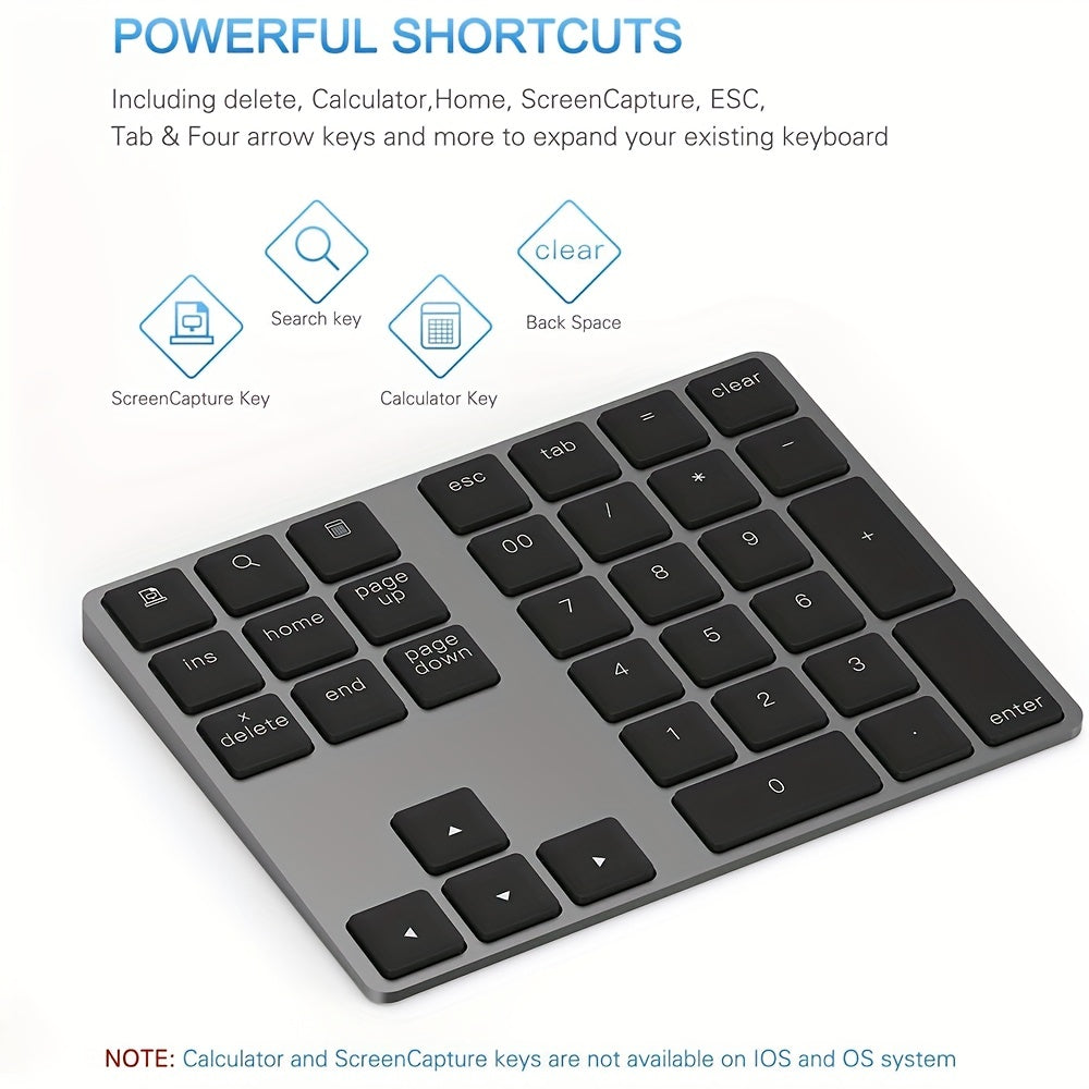 Portable rechargeable wireless digital keyboard with USB charging, 110mAh battery, Type-C charging. Compact design for laptops and mobile devices, black keys, durable keycap material.