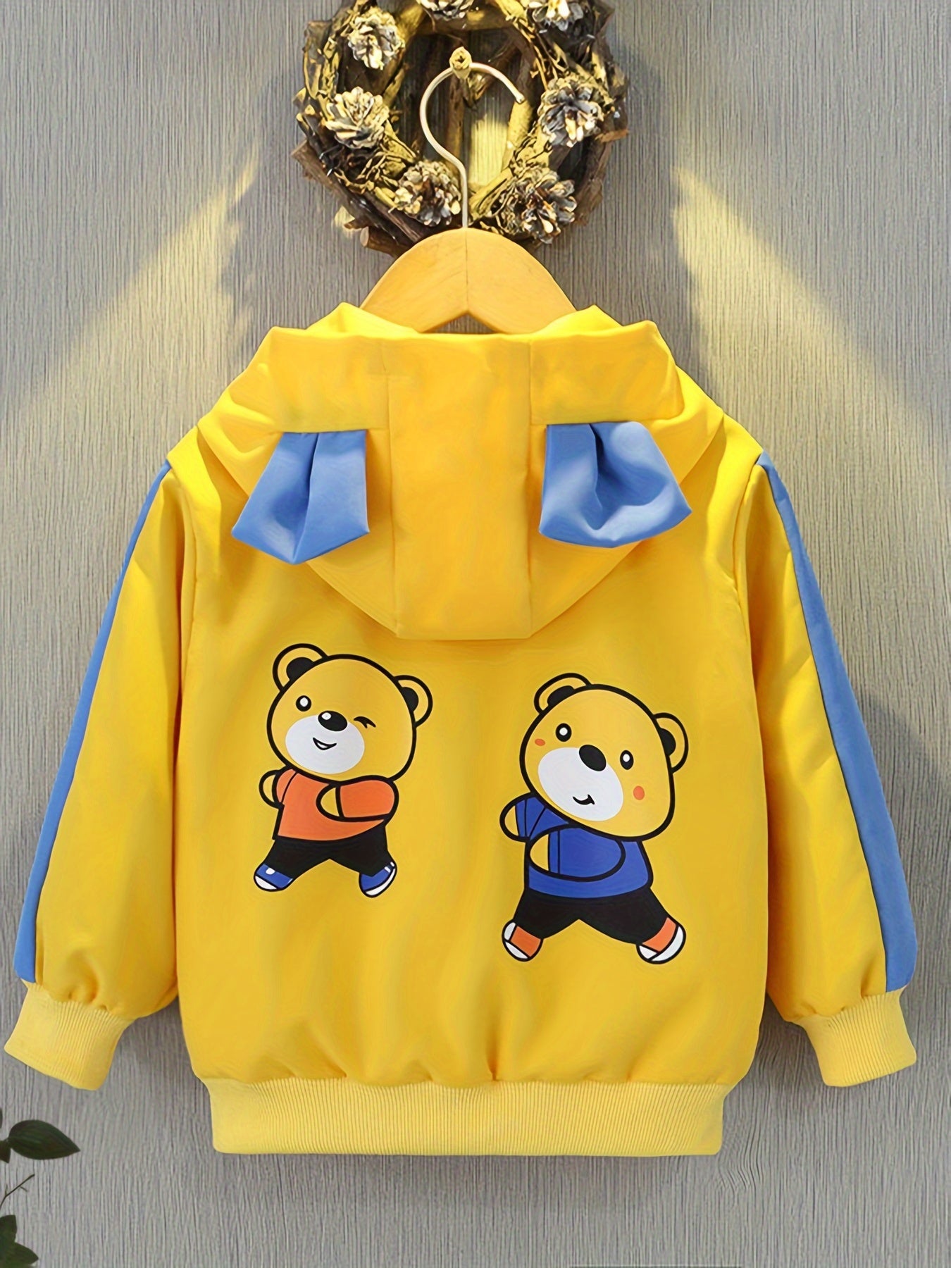 Boys' Lightweight Hooded Jacket with Bear Cartoon Print - Yellow with Blue Trim and Bow Details - Ideal for Spring and Fall, Kids' Outerwear | Vibrant Youngsters' Fashion | Easy Zipper, Boy