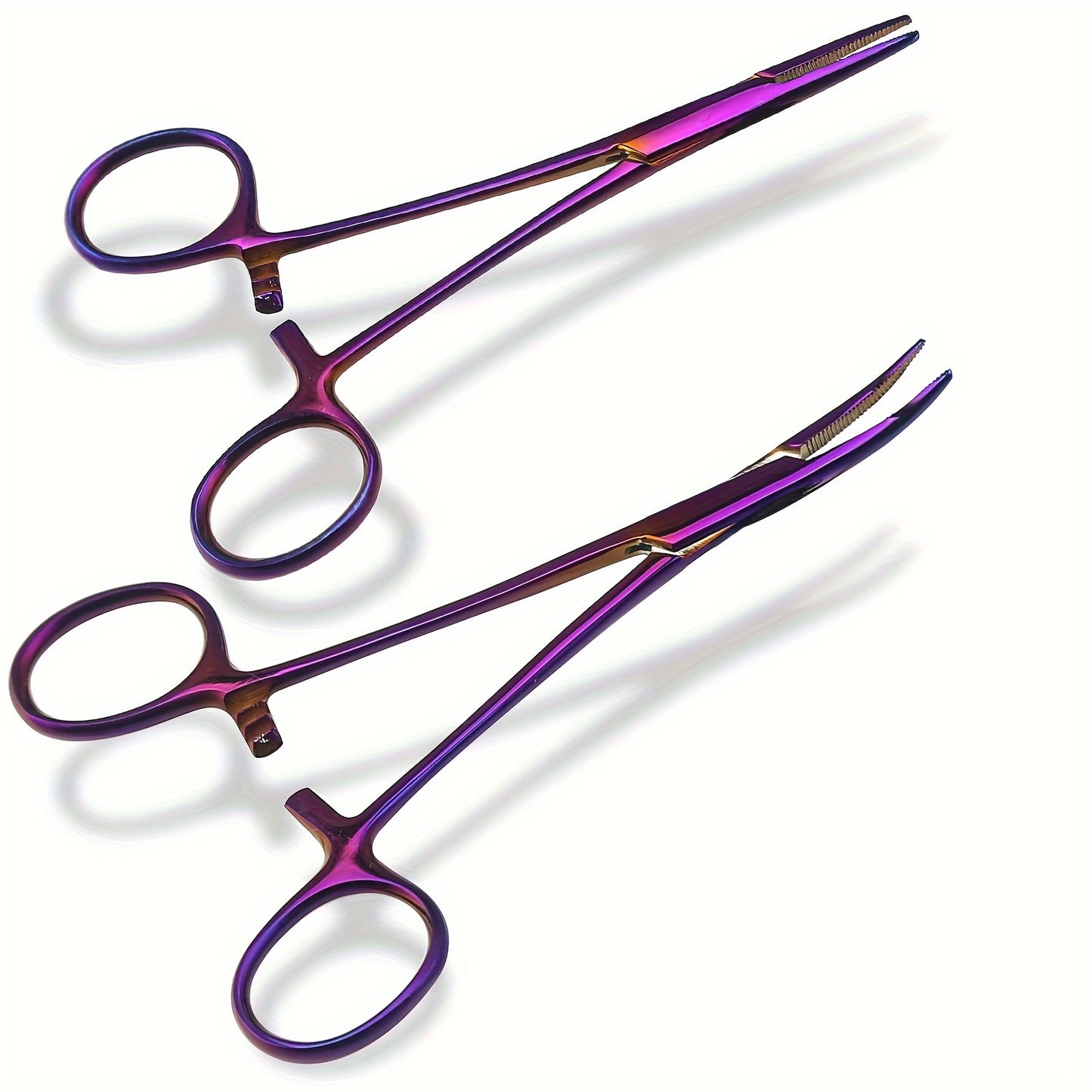 Set of 2 rainbow-colored hemostat forceps made of stainless steel, with straight and curved pliers for medical, veterinary, and hobby use. Ergonomic design for rust-resistance and