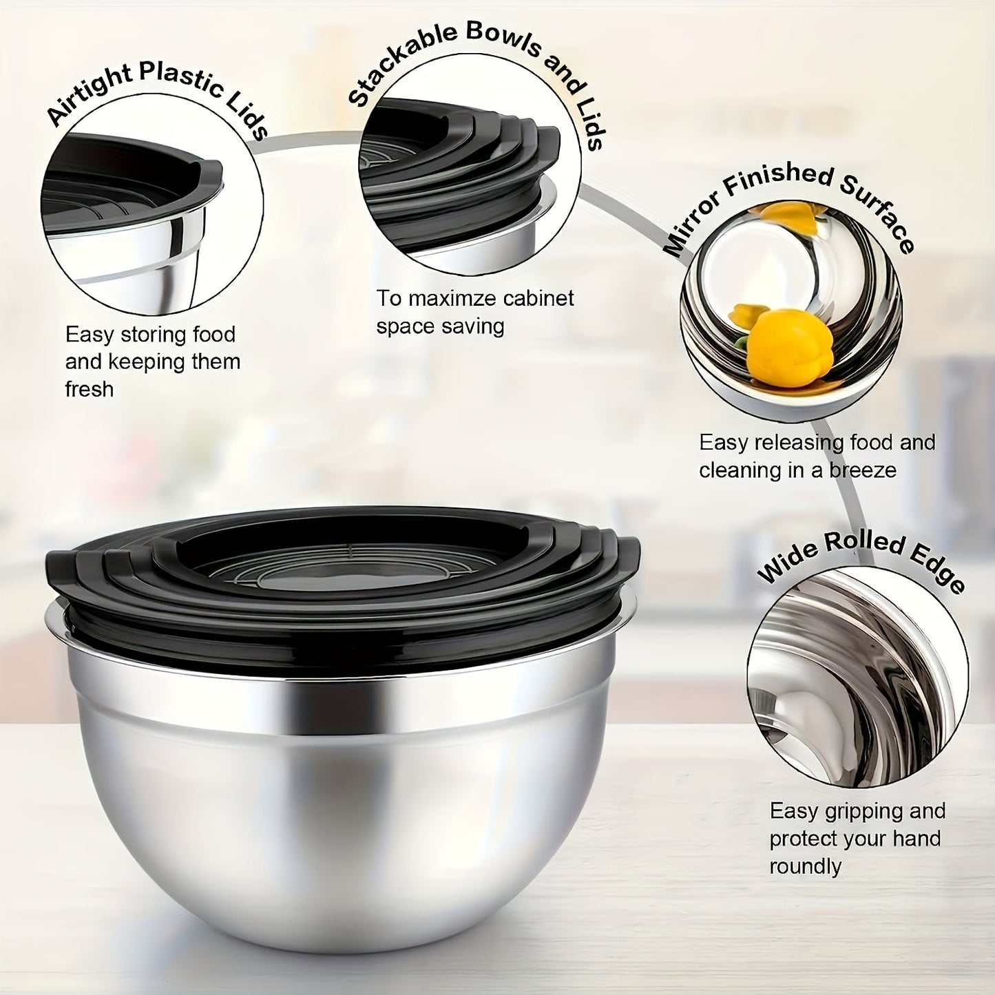 5pcs Stainless Steel Nesting Bowls Set - Versatile kitchen mixing bowls with airtight lids, perfect for baking, serving, fruits, vegetables, and holiday kitchen prep. Oven safe and ideal for Christmas, Halloween, Easter, Hanukkah, and Thanksgiving.