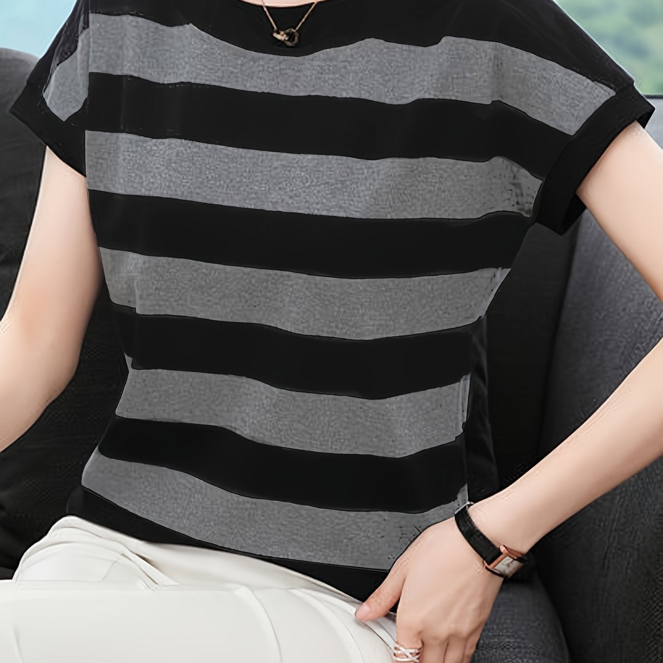 Striped print crew neck t-shirt, casual cap sleeve t-shirt for spring & summer, women's clothing