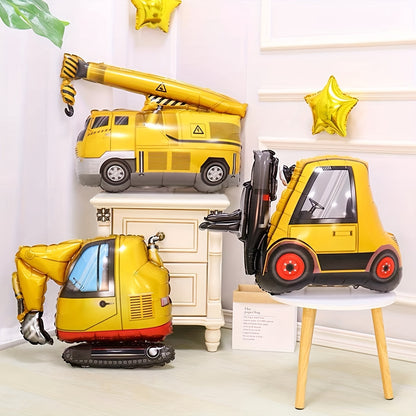 Set of 4 construction vehicle foil balloons for birthday parties and home or classroom decorations. No electricity required for easy universal holiday celebration.